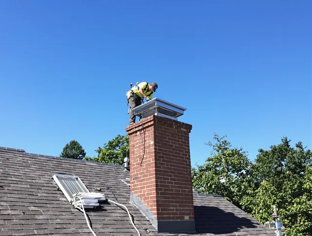 South Windsor Chimney Sweep technician measuring a chimney cap in South Windsor, CT