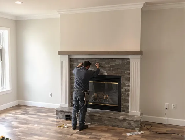 South Windsor Chimney Sweep finishing a custom fireplace install in South Windsor, CT
